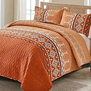 WONGS BEDDING Queen Boho Quilt Set,Burnt Orange Fall Thanksgiving Bedspread