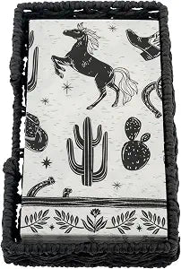 Karma Boho Paper Napkins Set with Woven Holder  20 Black & White Bohemian 3-Ply Disposable Napkins with Decorative Storage Basket for Kitchen, Coffee Table & Entertaining, Western