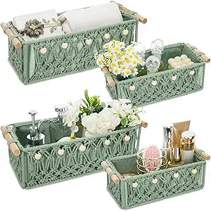 Vesici 4 Pcs Sage Green Macrame Storage Basket for Shelves 13" 11" Boho Storage Basket Hand Woven Boxes with Wood Handles Beads Decorative Countertop Toilet Cabinet Organizer for Home Bathroom Decor