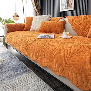 Palm Leaves Sofa Couch Cover Chenille Plush Quilted Sectional Couch Cover 1-Piece Non Slip Soft Sofa Slipcover Furniture Protector for Pets Kids Children Dog Cat (Orange,36"x94")