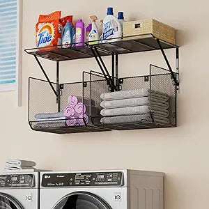 2 Pack Laundry Room Shelves Organization and Storage,Wall Mounted Clothes Drying Rack with Wire Mesh Basket Over Washer and Dryer, (Black, 2 Pack)