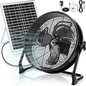Hortsun 1 Set Solar Powered Floor Fan 16'' Black Solar Fans Outside 15600mah Rechargeable Cordless Ventilador Fan 360┬░ Tilt for Greenhouse, Camping, Outdoor, Emergency Use