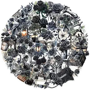 50Pcs Dark Aesthetic Transparent PET Stickers Black Rose Stickers Goth Style Scrapbook Supplies Water Bottle Waterproof Sticker for Bullet Journal Laptop Skateboard Computer Guitar Sticker (DR-PET)