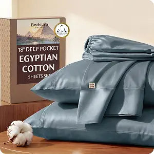 Bedsure 100% Giza CEA Certified Egyptian Cotton Sheets - 18" Deep Pocket King Size with 4 Corner Straps,PureWoven All-Season Breathable Comfort, Softens After Wash, Thick & Sturdy (Dusty Blue)