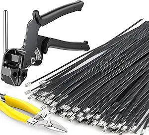 Metal Zip Ties Black,With Special Fastening And Cutting Tools,150 Pcs 11.8 Inch,Multi-Purpose Stainless Steel Cable Ties, Suitable For Agricultural Fencing, Garden Chain Link Fence Fixing, Pipe Tying.