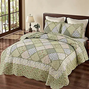 Oversized King Size Green Floral Plaid Patchwork Quilt Set 128x120 Extra Wide Super King Size Rversible Quilted Bedspread Coverlet Set 3-Piece Comforter Bedding Set Bed Cover with 2 Pillow Shams