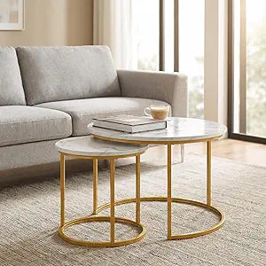 Round Nesting Coffee Table Set of 2, Modern Marble Pattern Wooden Nesting Tables, Stacking Minimalist End Table for Living Room Bedroom Small Space, (Glod Leg+White top)