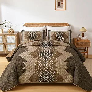 Dintszyayue Brown Quilt Set Queen Size,3 Piece Boho Aztec Texture Bedspread Coverlet Set Reversible Lightweight Bedding Set Geometric Bohemian Bed Cover with 2 Pillowcases(Dark Brown,90"x96")