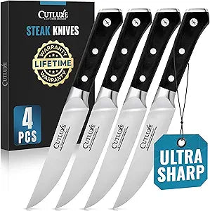 Cutluxe Steak Knives Set of 4, Straight Edge Steak Knife Set  Forged High Carbon German Steel, Full Tang, Ergonomic Handle Design  Artisan Series