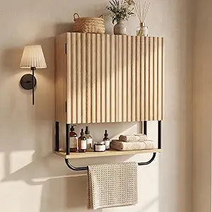 FerniTry Modern Fluted Bathroom Wall Cabinet,3-Tier Curved Profile Wooden Medicine Cabinet with 2 Doors,Over the Toilet Storage Cabinet Wall Mounted with Adjustable Shelf and Towel Bar(Oak, Small)