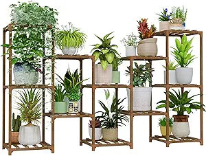 Bamworld Large Plant Shelf Outdoor Wood Plant Stand Large Rack for Living Room Patio, Balcony and Garden