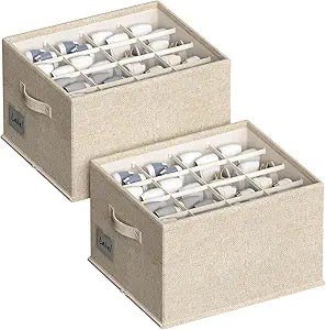 2 Pack Shoe Organizer for Closet, Fits 16-32 Pairs Fabric Shoe Storage Bins Large Shoe Box Storage Containers with Bottom Support for Shoes Space Saving Shoes Holder (Beige, 19.7*15.7*11.8in)