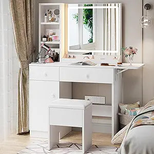 Haewon White Vanity Desk with Mirror and Lights, Makeup Vanity with Charging Station and 3 Lighting Modes, Dressing Table Set with Storage Cabinet, Drawers and Chair for Girls Bedroom