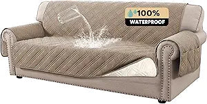 PrinceDeco 100% Waterproof Couch Cover for 3 Cushion Couch Sofa Pet Friendly Non-Slip Couch Cover for Dogs Washable Water Resistant Furniture Protector with Elastic Straps(Sofa 68", Taupe)