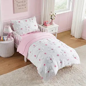 Pink Toddler Bedding Set for Girls Boho Tufted Toddler Bed Comforter Set