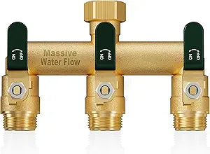 3 Way Hose Splitter, Heavy Duty Full Flow Garden Water Hose Bib Spigot Splitter, Brass Rust and Freeze Resistant Outdoor Faucet Splitter, T Adapter Connector with 3/4 - Inch GHT Thread Green