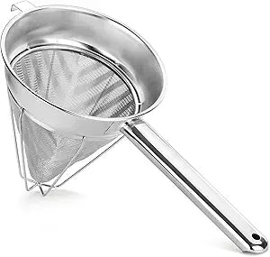 New Star Foodservice Reinforced Bouillon Strainer, 8-Inch, Fine Mesh, 18/8 Stainless Steel, Commercial Kitchen Strainer for Stocks, Sauces, Soups, and Purees