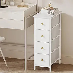 Fixwal Narrow Storage Cabinet, Narrow Nightstand Dresser with 4 Drawers, Slim Fabric Dresser Storage Tower for Small Spaces, White Dresser, for Bedroom, Bathroom, Laundry, Closet