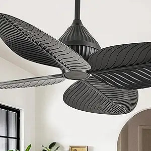 52" Black Tropical Ceiling Fans, Flush Mount Palm Leaf Ceiling Fan no Light, Indoor Ceiling Fans Without Light for Living Room Bedroom Kitchen Covered Gazebo, APP and Remote Control