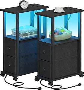 TUTOTAK Small Narrow End Tables, LED Side Tables with 2 Fabric Drawers, Set of 2, Bedside Tables with Charging Station for Small Spaces, Slim Nightstands with USB Ports and Wheels, TB01BK053L