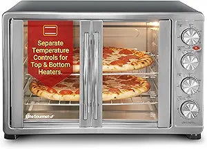 Elite Gourmet ETO4510B# French Door 47.5Qt, 18-Slice Convection Oven 4-Control Knobs, Bake Broil Toast Rotisserie Keep Warm, Includes 2 x 12" Pizza Racks, Stainless Steel