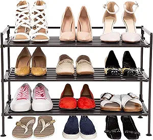 Seville Classics Sturdy Freestanding Storage Shelf for Bedroom, Closet, Entryway, Dorm Room Organizer Stackable Durable Metal Shoe Rack Espresso Slat, 3-Tier (NEW MODEL)