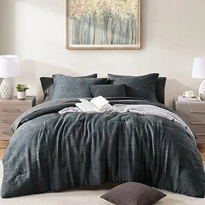 MaiRve Queen Comforter Set Blue Grey, Textured Design Crinkle Bedding Sets 7 Pieces, All Season Bed in A Bag with Comforter, Sheets, Pillowcases & Shams