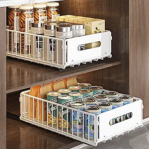 2 Pack Pull Out Cabinet Organizer, Heavy Duty Slide Out Pantry Drawers Shelves Storage With Strong Adhesive Strips and Handle for Kitchen, Bathroom, Living Room, Home (14.8"D X 9.6"W X 3.9"H)