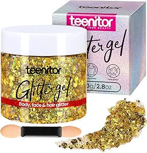 Teenitor Body Glitter, Gold Face Glitter Gel Hair Glitter for Kids, 80g/2.8oz Gold Glitter for Face, Makeup, Hair, Eye, Face Glitter for Women