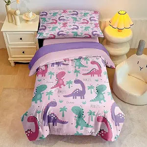 4 Piece Toddler Dinosaur Bedding Set for Girls,Pink Dino Toddler Comforter Sets Soft Bed Set Include Comforter,Fitted Sheet, Flat Top Sheet and Pillowcase,Bed in A Bag for Bedroom