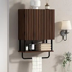 RUSTOWN Farmhouse Bathroom Wall Cabinet with 2 Door, 3-Tier Curved Profile Wooden Medicine Cabinet, Wall Mounted Storage Cabinet with Adjustable Shelf and Towel Bar (Dark Walnut, Small)