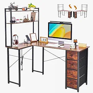 Aquzee L Shaped Computer Desk with 4 Drawers, 55" Reversible Computer Desk with Hutch & Shelves and Power Outlet, Corner Gaming Desk with LED Light for Work, Gaming, Home Office, Rustic Brown