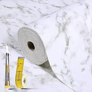 Drawer and Shelf Liner for Kitchen Cabinet: 17 in X 20 Ft Non Slip Waterproof Shelf Paper Non Adhesive Refrigerator Liners White Marble Easy Liners for Bathroom Cupboard with Knife Tape Measure