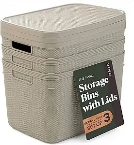 BINO | Plastic Storage Bins with Lids, 20 Liter - 3 Pack, Taupe | THE TWILL COLLECTION | Plastic Bins for Organization | Woven Storage Baskets for Organizing | Pantry Shelf Organizer Basket Bin