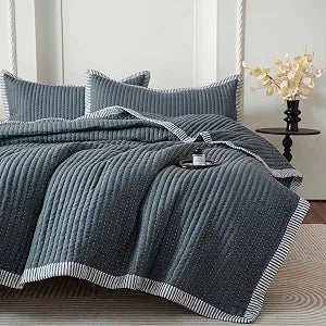 BOV Quilts Queen Size,3-Piece Grey Ticking Bedding Set with 92"x96" Quilt & 2 Pillow Shams Lightweight Queen Bedspread,Striped Comforter,Soft Microfiber Quilt for All Seasons,Easy Care