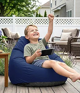 Outdoor Kids Bean Bag Chair - Small Beanbag Sofa with Shredded Foam Filling, Splash-Proof Detachable Zipper Cover with a Handle for Patio Poolside Relaxing, Navy