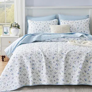 Oversized King Size Quilt Set 128x120 Blue Floral Extra Wide Super King Size Quilted Bedspread Coverlet 3-Piece Garden Style Flowers Reversible Comforter Bedding Set Bed Cover with 2 Pillow Shams