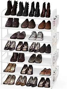 Simple Houseware 6-Tier Shoe Rack Storage Organizer w/Side Hanging Bag, White