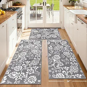 LOKHOM Boho Kitchen Rugs Sets of 3, Non Slip High-Low Textured Kitchen Mats for Floor with Rubber Backing, Paisley Floral Washable Carpet Runner for Hallways Entryway Laundry Sink (Grey & White)