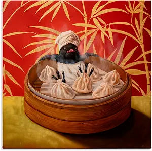 Playful Bamboo Steamer Bird, 17 x 17 Inch Canvas Wall Art
