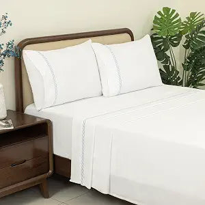 Dreamology Cotton Sheet Set -100% Cotton Sateen Weave Embroidered Queen Sheets,Cotton Sheets,16" Deep Pocket Sheet Set,4-Piece Include 1 Fitted Sheet,1 Flat Sheet & 2 Pillowcases (Rope Sky Blue)