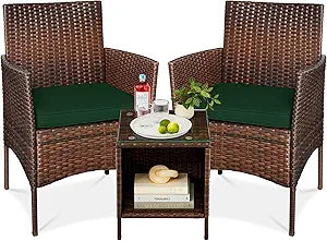 Best Choice Products 3-Piece Outdoor Wicker Conversation Bistro Set, Space Saving Patio Furniture for Garden w/Side Table - Brown/Midnight Green