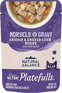 Natural Balance Original Ultra Platefulls Indoor Adult Grain Free Wet Cat Food, Chicken & Chicken Liver Recipe, 3 Ounce Pouch (Pack of 24)