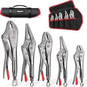 ARROW 5-piece Locking Pliers Set with Rolling Pouch, Chromium-Molybdenum Vice Grips, 5"/7"/10" Curved Jaw, 6.5"/9" Long Nose Vise Grip Pliers
