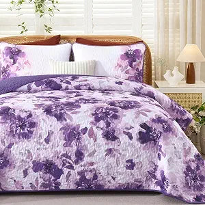 Luxudecor Floral Quilt Set Queen Size - 3 Pieces Purple Watercolor Botanical Bedspread Coverlet Set with 2 Pillowcases, Lightweight Soft Bedding Set for All Seasons 96"x90"