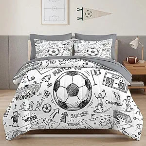 WeCozy 7 Pcs Queen Size Comforter Set with 2 Pillowcases & 2 Shams, Game Soccer Painting Bedding for Kids and Adults, Football Ball Sport Bed in a Bag with Fitted Sheet