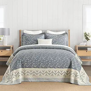 100% Cotton Oversized Quilt 120"x120", Extra Large King Bedspread, Farmhouse Botanical Bed Spreads Coverlet, Lightweight Quilted Bedding Cover, 3 Piece, Grayish Blue/Beige