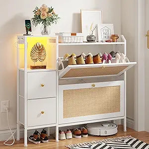 AFLUI Rattan Shoe Cabinet with 2 Flip Drawers and 2 Storage Drawers, Freestanding Shoe Storage Organizer with Adjustable Shelves, Power Outlet and LED Lights, Slim Shoe Storage for Hallway Closet