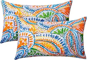 Outdoor Pillows, Set of 2 12x20 Inch Water Resistant Outdoor Lumbar Pillows, Paisley Pattern Decorative Throw Pillows for Patio Furniture, Garden Couch, Sofa(Paisley Multi Orange)