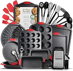 Eatex Nonstick Baking Sheet Set, 39-Piece Baking Pans Set with Silicone Handles, Carbon Steel Cookie Sheets for Baking, Commercial Grade Quality Bakeware Sets Includes Kitchen Utensils Set and More